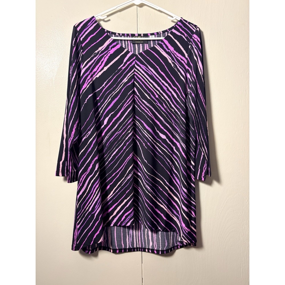 Bob Mackie Wearable Art Colorful Stretch Blouse Tunic Top V Neck M Glam Stripes